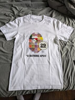 Bape White Graphic Tee with Multicolor Ape Head